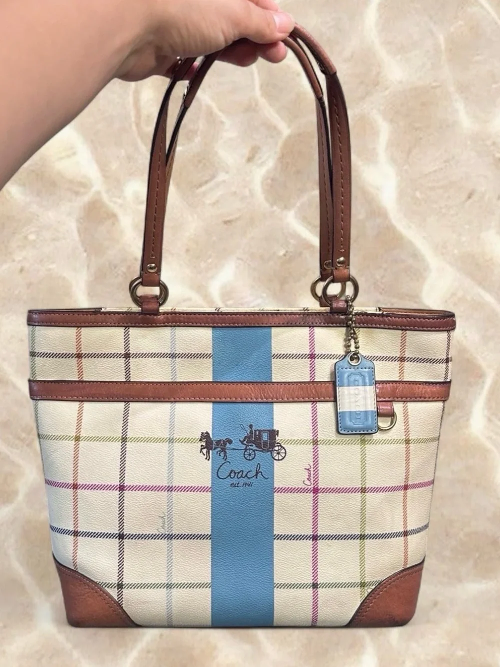 Y2K Coach Heritage Tattersall Cream Plaid Tote Blue Center Stripe Coach 12561